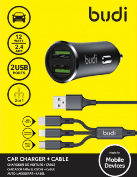 BUDI USB CAR CHARGER 3IN1 CABLE